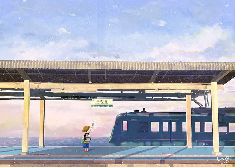 anime kid, fishing, train station, surrealism, clouds, scenery, Anime, HD wallpaper