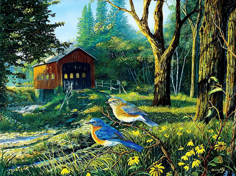 Sleepy Hollow Blue Birds, forest, bridge, painting, flowers, covered, creek, trees, artwork, HD wallpaper