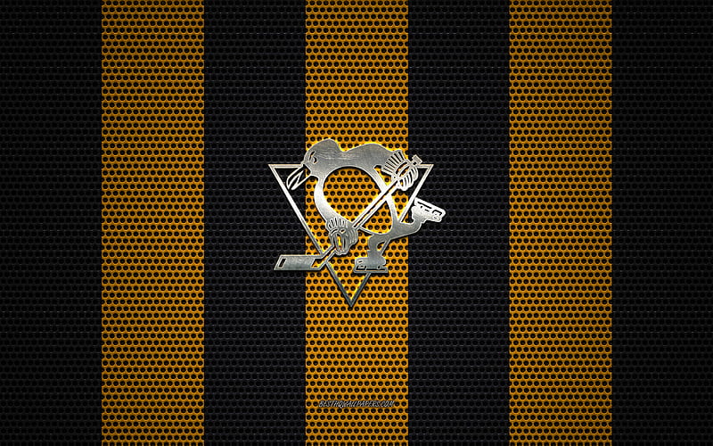 Pittsburgh Penguins logo, American hockey club, metal emblem, yellow-black metal mesh background, Pittsburgh Penguins, NHL, Pittsburgh, Pennsylvania, USA, hockey, HD wallpaper