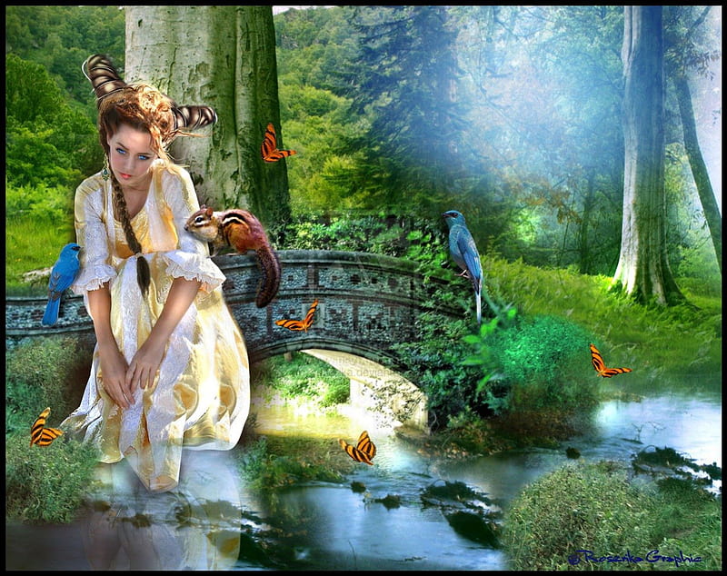 ~Beautiful Bridge~, rocks, pretty, grass, women, fantasy, splendor, manipulation, love, emotional, flowers, face, insects, wings, lovely, birds, park, lips, trees, water, cool, flying, garden, eyes, colorful, squirrel, dress, charm, bonito, digital art, hair, emo, leaves, bridge, people, girls, magnificent, enchanted, animals, female, model, colors, butterflies, pond, plants, HD wallpaper