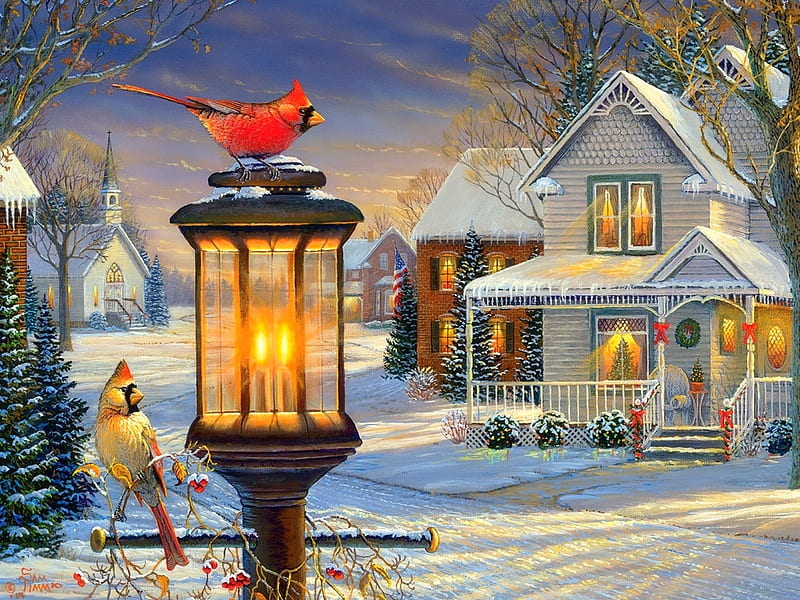 Welcome to our home, Christmas, holidays, houses, love four seasons, home, attractions in dreams, xmas and new year, winter, cardinals, paintings, snow, electric pole, HD wallpaper