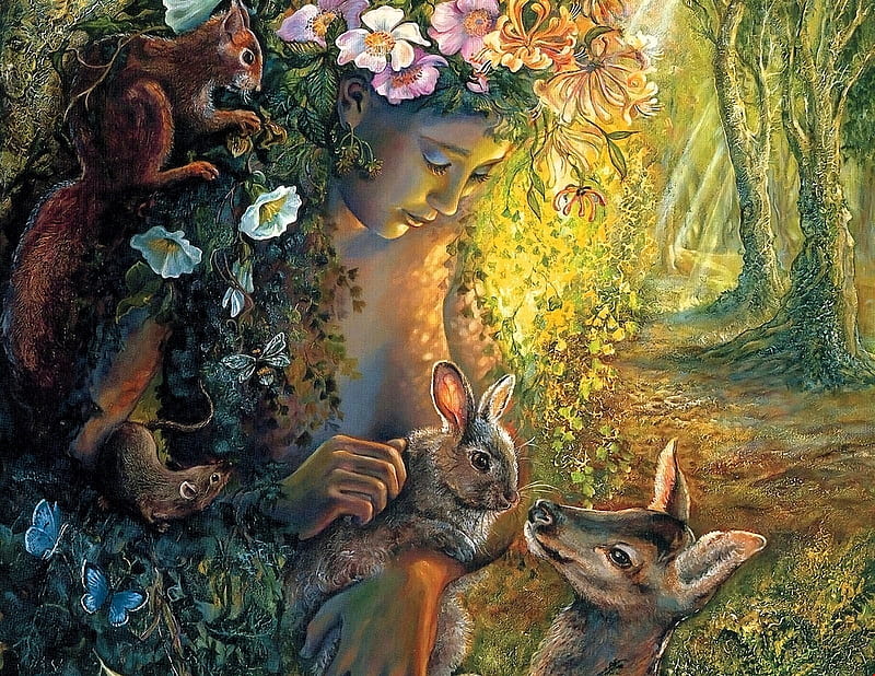 Mother Nature, forest, art, rabbit, girl, squirrels, flowers, trees, deer, HD wallpaper