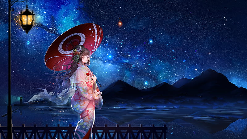 anime girl, kimono, stars, scenic, mountain, night, Anime, HD wallpaper