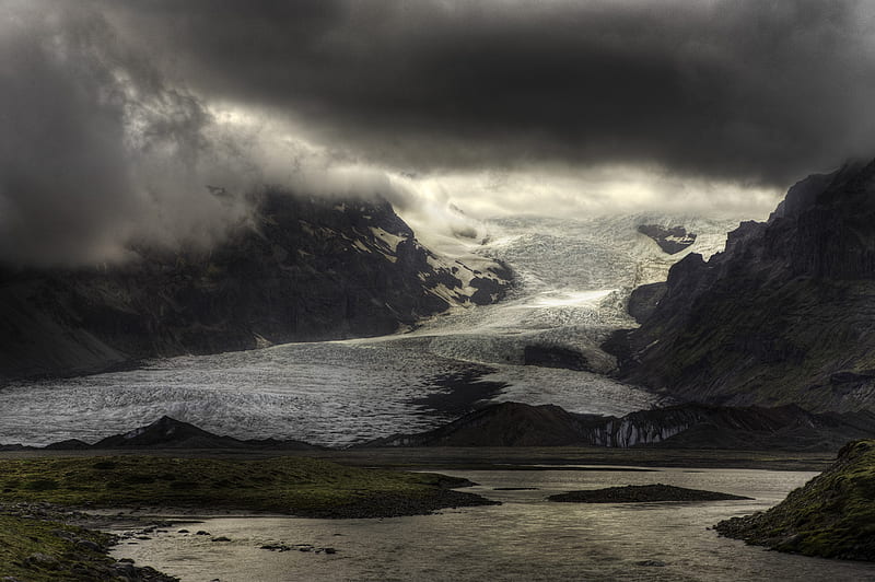 Stormy Glacier, Iceland, water, glacier, wind, gris, ice, clouds, HD wallpaper