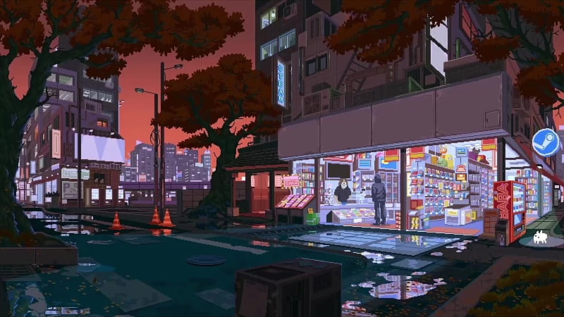 Beautiful pixel art of a cyberpunk coffeeshop in the rain