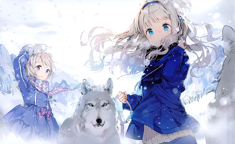 anime girls, wolf, winter, wind, snow, loli, blue eyes, Anime, HD wallpaper