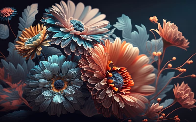 Flowers, pattern, flower, blue, art, fantasy, texture, orange, HD wallpaper