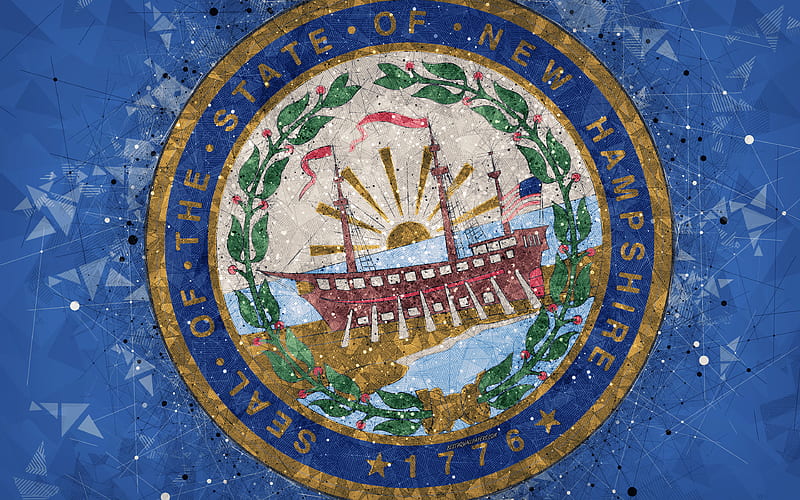 Seal of New Hampshire emblem, geometric art, New Hampshire State Seal, American states, blue background, creative art, New Hampshire, USA, state symbols USA, HD wallpaper