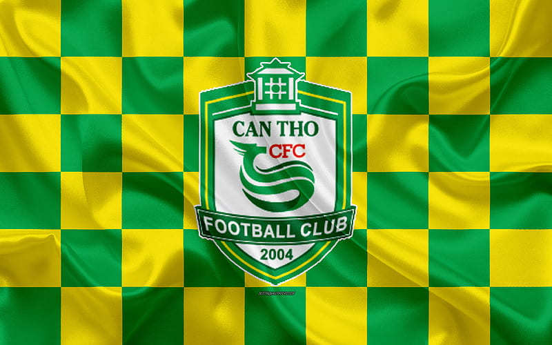 XSKT Can Tho FC logo, creative art, yellow green checkered flag, Vietnamese football club, V League 1, emblem, silk texture, Can Tho, Vietnam, HD wallpaper