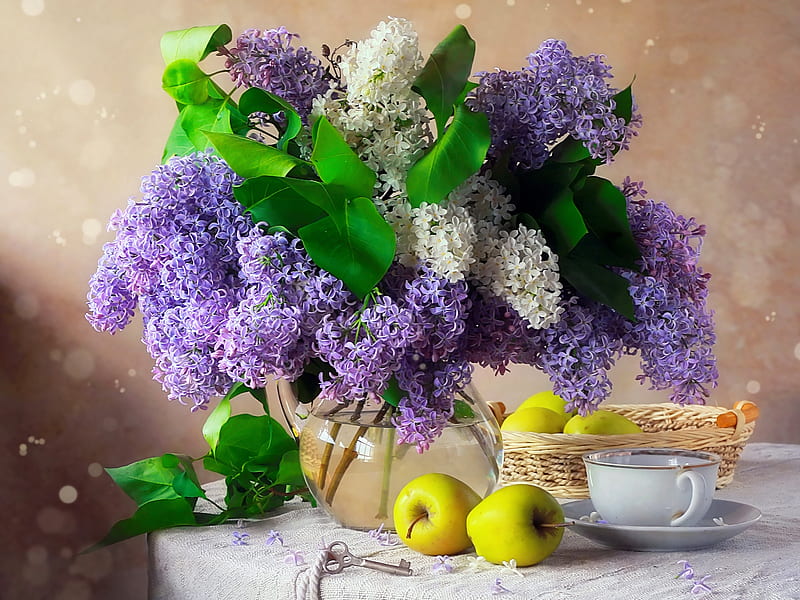 Still life with lilac and apples, lilac, pretty, fruits, vase, bonito, fragrance, tea, still life, leaves, flowers, lovely, time, apples, scent, spring, key, bouquet, coffee, basket, HD wallpaper