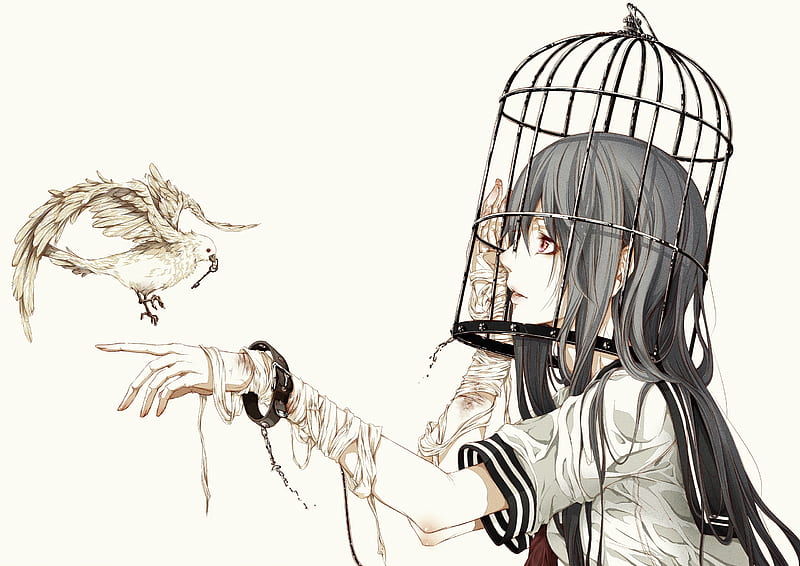:), girl, cage, bird, bouno satoshi, anime, manga, HD wallpaper