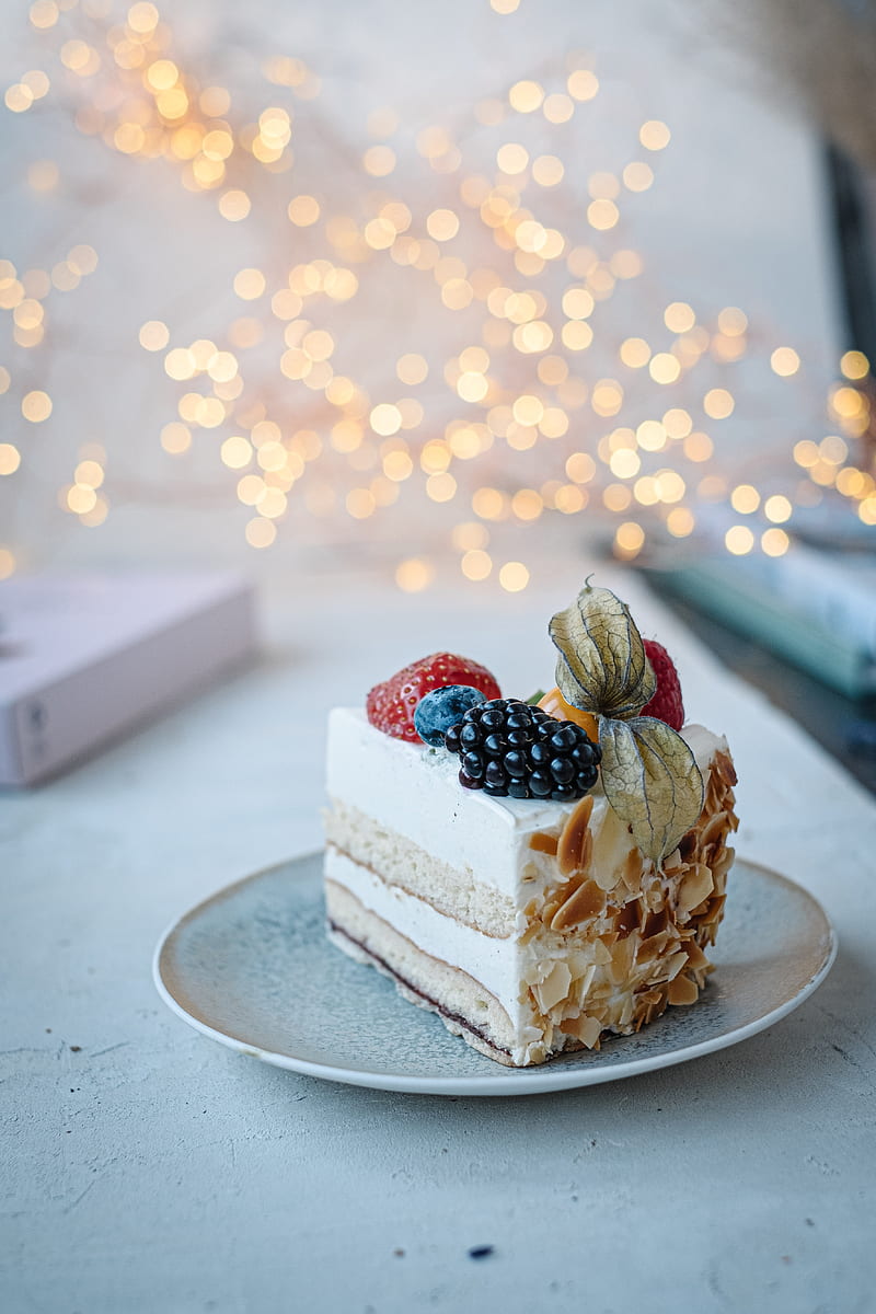 cake, dessert, berries, decoration, plate, HD phone wallpaper