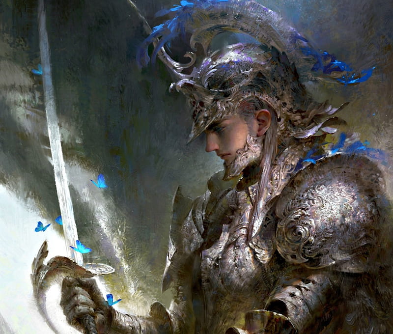 Silver knight, man, armor, fantasy, butterfly, guangjian huang, helmet, sword, blue, HD wallpaper