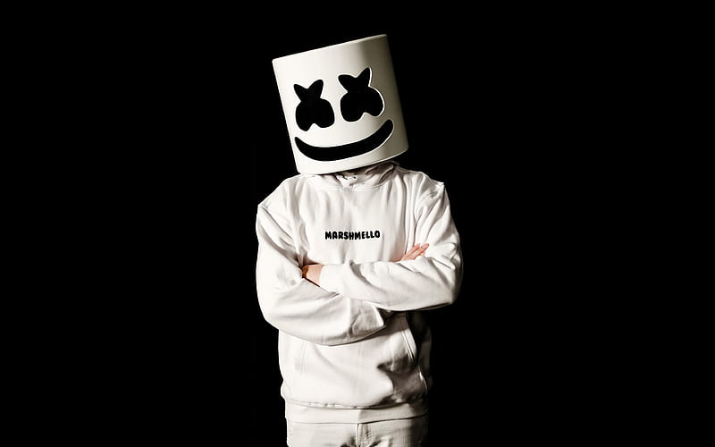 Marshmello black background, american dj, hoot, white costume, Marshmello white mask, popular dj, HD wallpaper