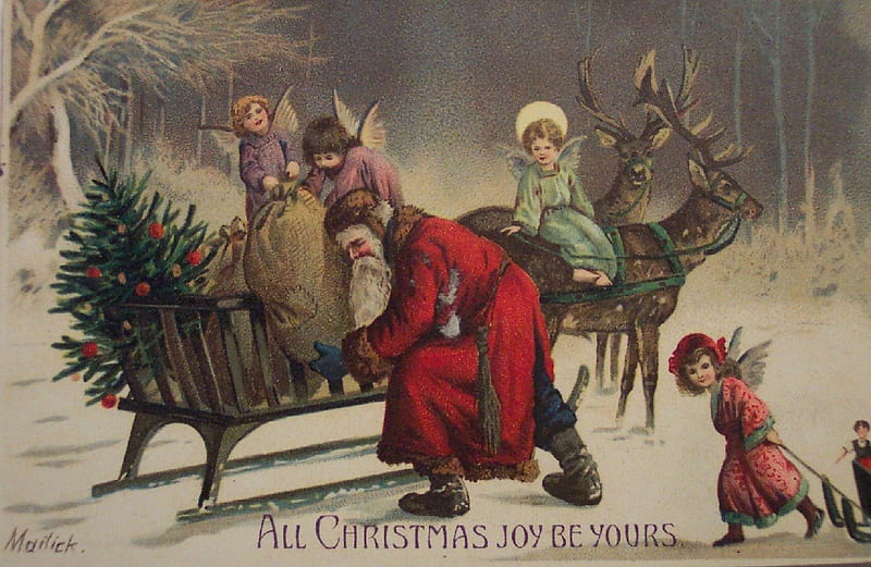 Santa And The Angels getting Ready, tree, santa, christmas, angels, HD wallpaper