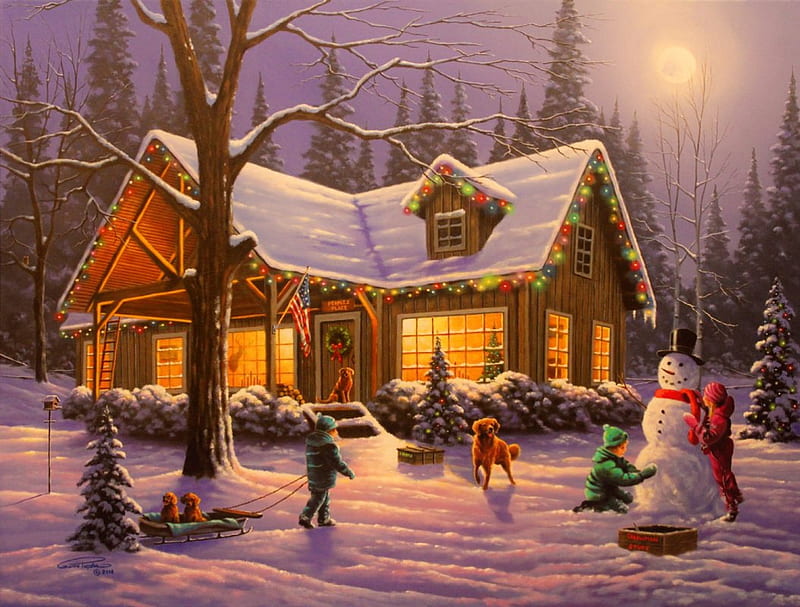 Family traditions, family, house, children, home, bonito, lights, painting, friends, kids, frost, art, christmas, fun, joy, snowman, winter, cute, snow, moonlight, peaceful, traditions, HD wallpaper