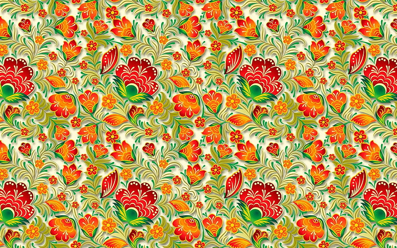 Texture, pattern, red, green, orange, flower, paper, HD wallpaper