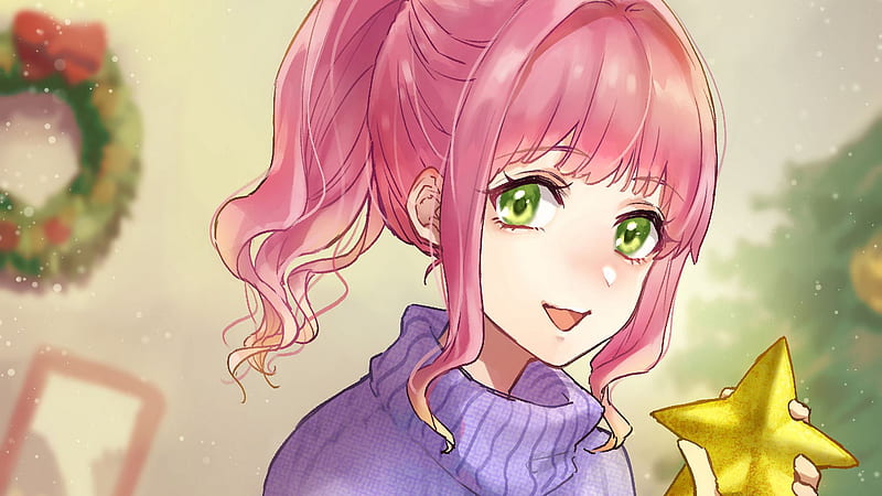 Pink hair with green bandana and blue eyes - wide 7