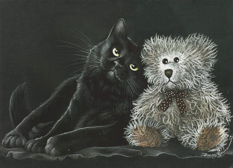 :), irina garmashova, art, black cat, painting, toy, pisici, pictura, teddy bear, HD wallpaper