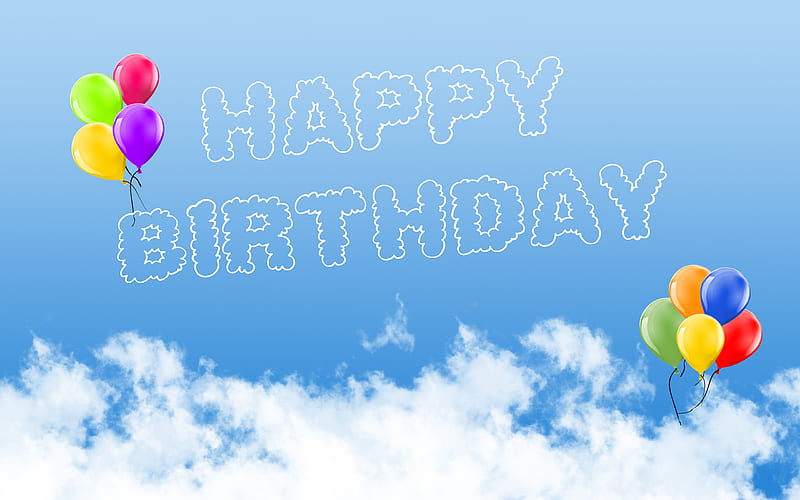 Happy Birtay, blue background, clouds, sky, colored balloons, background for birtay greeting cards, HD wallpaper