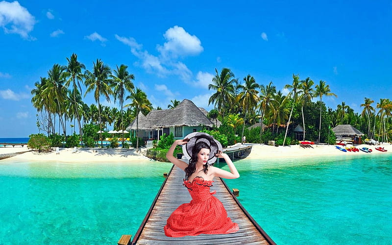 Beach And Girl Vacation Pretty Woman Beach Sea Palm Tree Hd Wallpaper Peakpx 