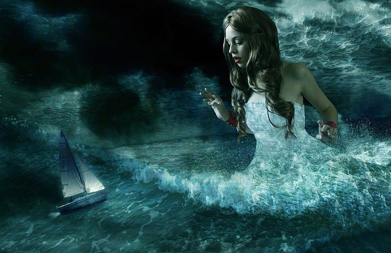 Tidal Wave, fantasy, water, ship, abstract, woman, HD wallpaper