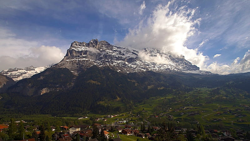 the famous eiger mountain in switzerland, mountain, green, town, summer, clouds, valley, HD wallpaper