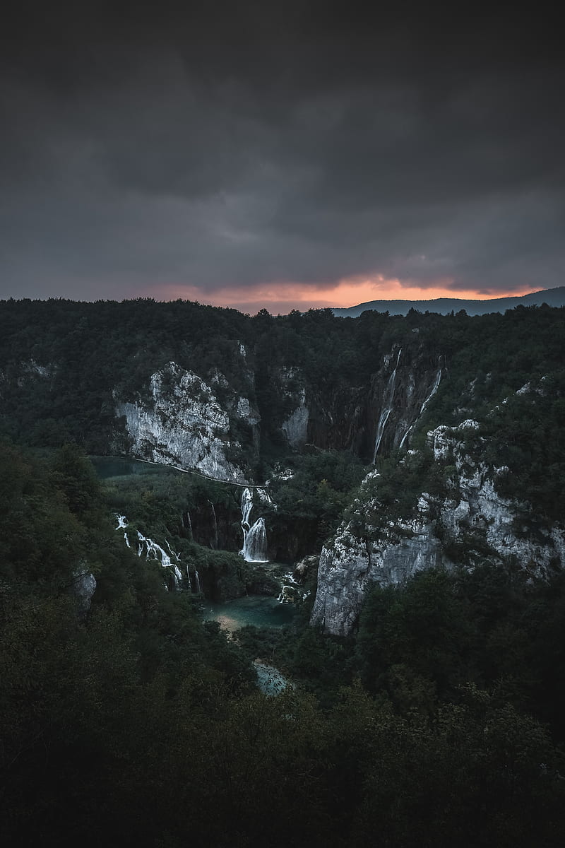 waterfall, dark weather, aerial view, trees, Nature, HD phone wallpaper