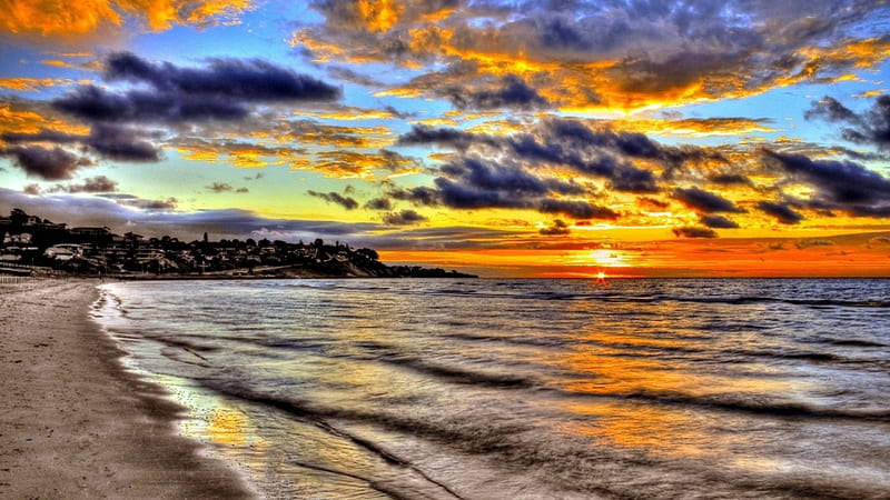wonderful sunset on city beach r, beach, horizon, city, r, sunset, clouds, sea, HD wallpaper