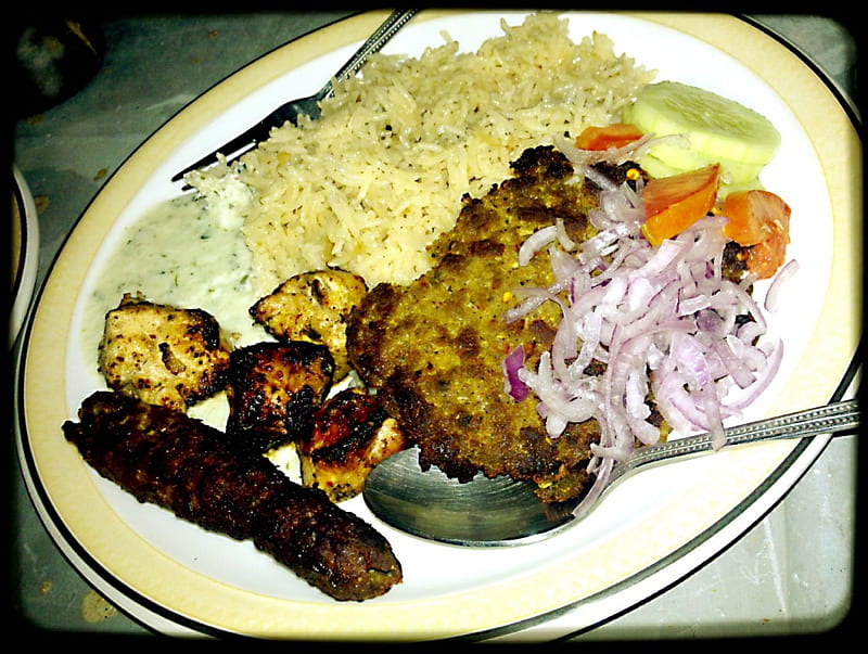 Barbecue Platter, dinner, delicious, mint, kebab, eid, rice, barbecue, platter, healthy, tikka, salad, HD wallpaper