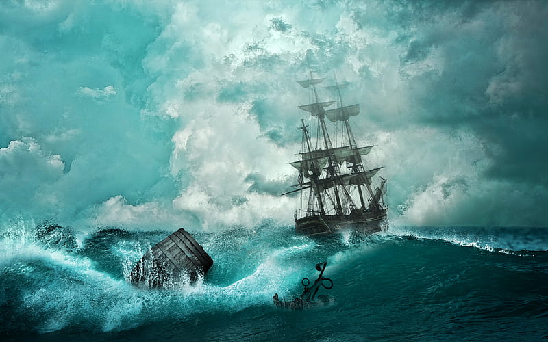 pirates sea, pirate ship, waves, storm, HD wallpaper