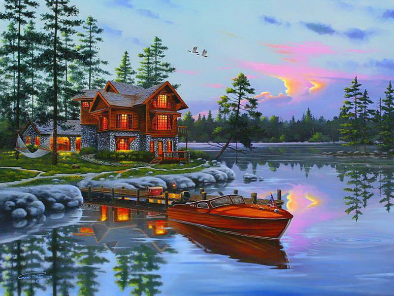 Blessed, pretty, art, house, calmness, lovely, cottage, bonito, sky, lake, bless, serenity, painting, peaceful, reflection, HD wallpaper
