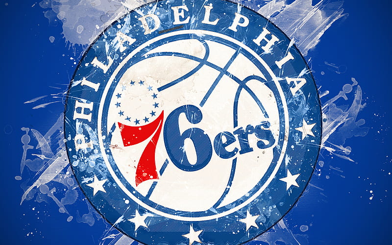 Philadelphia 76ers grunge art, logo, american basketball club, blue grunge background, paint splashes, NBA, emblem, Philadelphia, Pennsylvania, USA, basketball, Eastern Conference, National Basketball Association, HD wallpaper