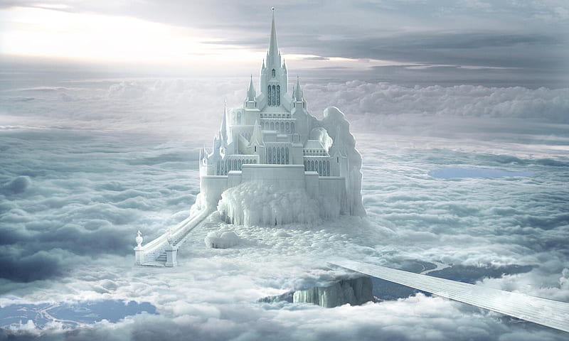 Ice Castle in The Clouds, cold, winter, medieval, ice, clouds, castle, white, HD wallpaper