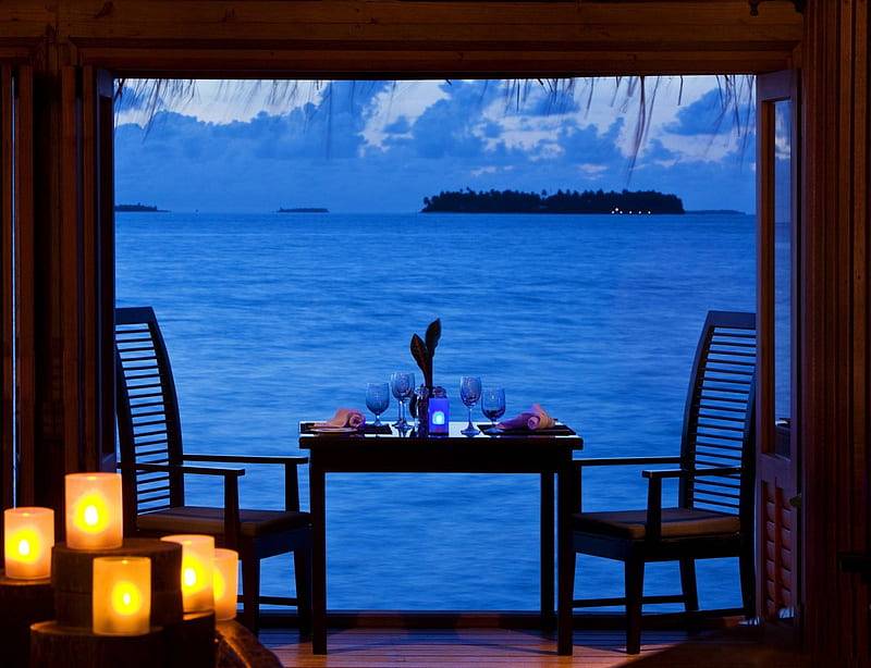 Beautiful Romantic Dinner by the Sea, dinner, bungalow, candlelight, bonito, sunset, villa, eat, sea, lights, beach, sand, evening, exotic, islands, romantic, view, romance, ocean, table for two, candles, water, paradise, dine, island, tropical, HD wallpaper