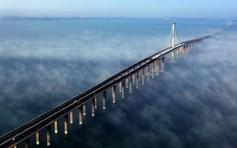 glorious jiaozhou bay bridge in fog, bay, bridge, long, fog, HD wallpaper