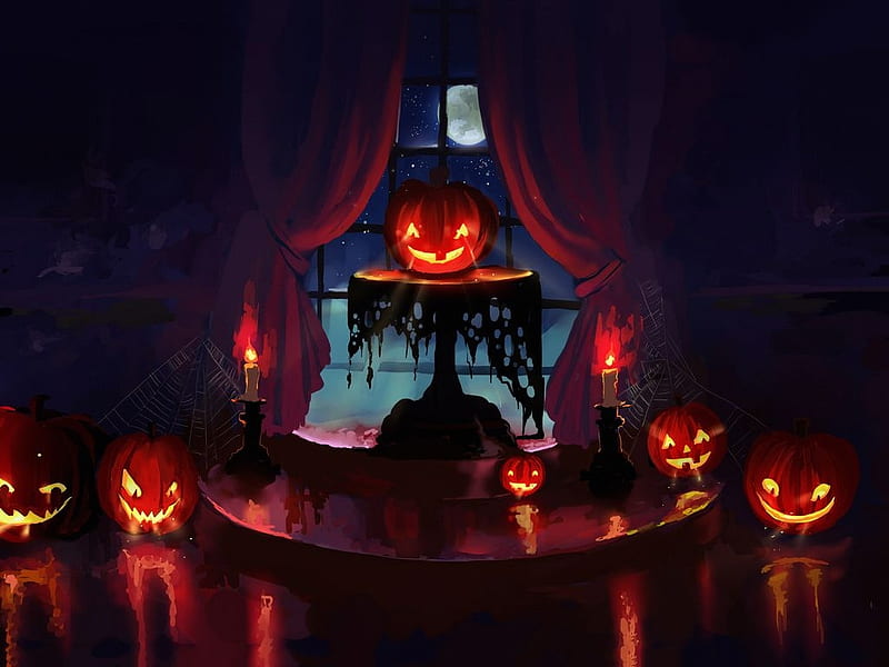 Halloween Party at...., Purple, Tablecloth, Red, Black, Pumpkin, Orange, Decorations, Party, dark, Flame, Glow, Moon, Candles, House, Night, Haunted, Reflection, HD wallpaper