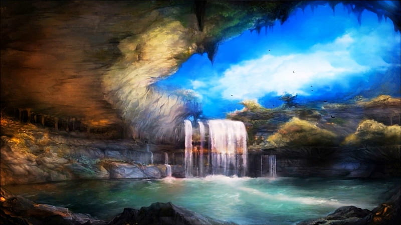 Waterfall, rocks, nature, rivers, caves, blue, waterfalls, HD wallpaper