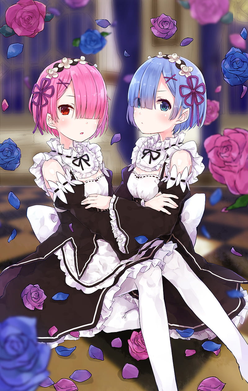 anime, anime girls, Re:Zero Kara Hajimeru Isekai Seikatsu, Rem (Re: Zero), Ram (Re: Zero), maid, flowers, short hair, pink hair, blue hair, blue eyes, HD phone wallpaper