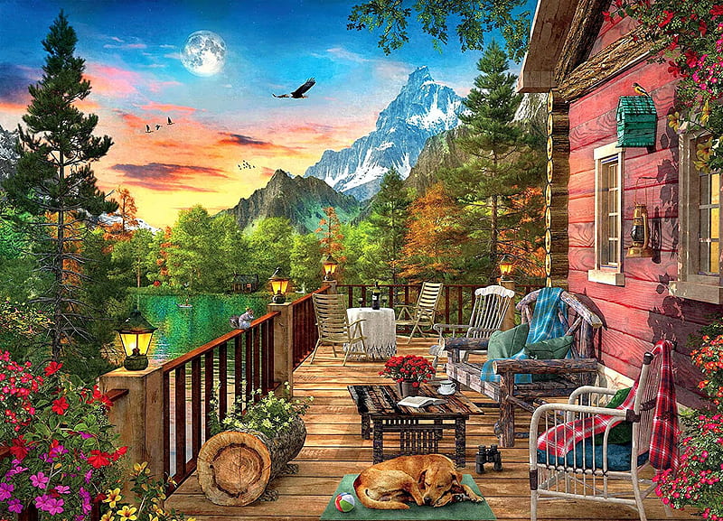 Weekend cabin, cabin, sunset, trees, armchairs, dog, veranda, table, artwork, lake, mountains, digital, HD wallpaper