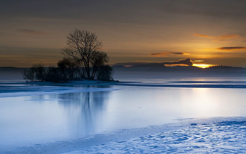 Winter, Nature, Water, Sunset, Ice, Fog, Fall, HD wallpaper