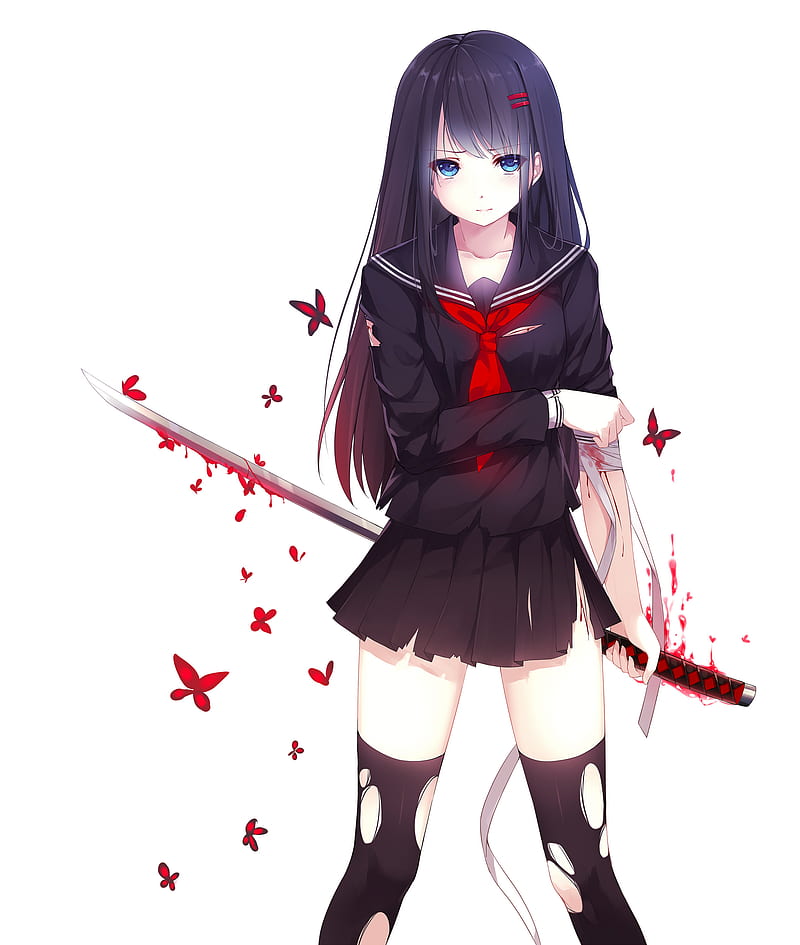 sword, blood, katana, school uniform, HD phone wallpaper