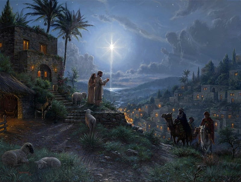 Light Of The World, Mary, Star, Joseph, Stable, Baby Jesus, Painting, HD wallpaper