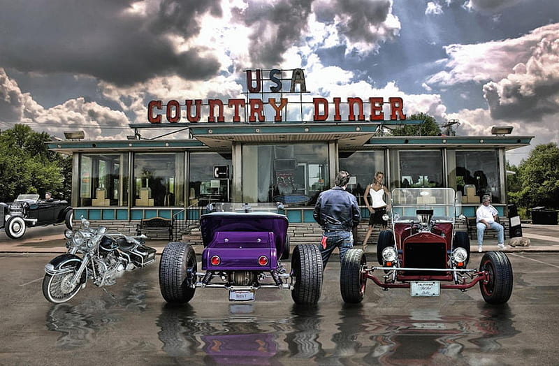 USA Country Diner, carros, USA, hot rod, indian, motorbikes, diner, harley, HD wallpaper