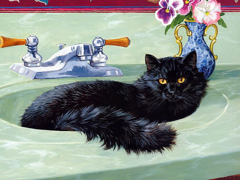 Black cat in sink, sink, painting, flower, cat, kitten, animal, HD wallpaper