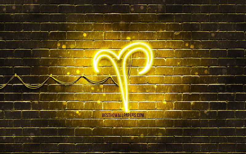 Aries neon sign yellow brickwall, creative art, zodiac signs, Aries zodiac symbol, Aries zodiac sign, astrology, Aries Horoscope sign, astrological sign, zodiac neon signs, Aries, HD wallpaper