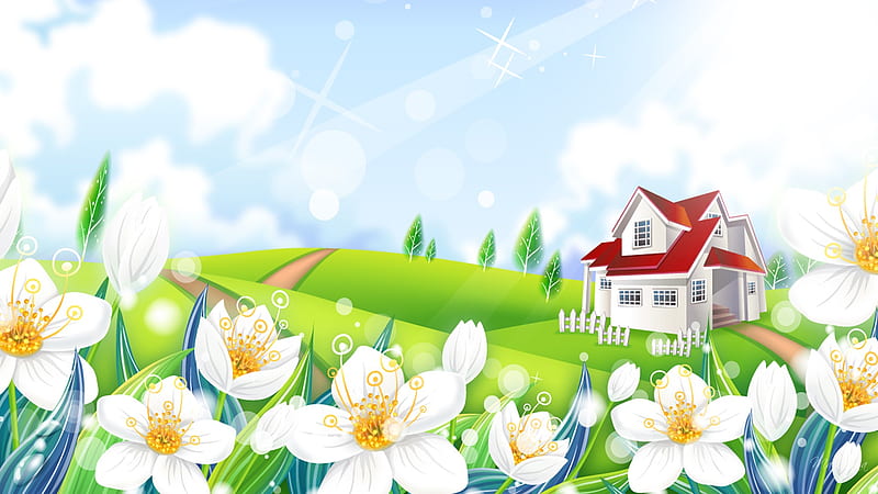 Sun Shines Bright, house, sun, home, firefox persona, trees, red roof, summer, flowers, lane, road, field, HD wallpaper