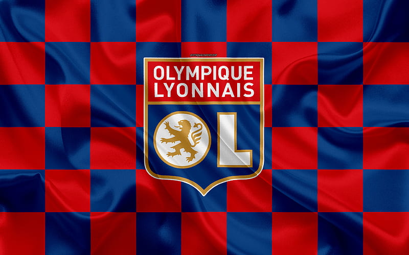 Olympique Lyonnais, FC Lyon logo, creative art, red blue checkered flag, French football club, Ligue 1, emblem, silk texture, Lyon, France, football, HD wallpaper