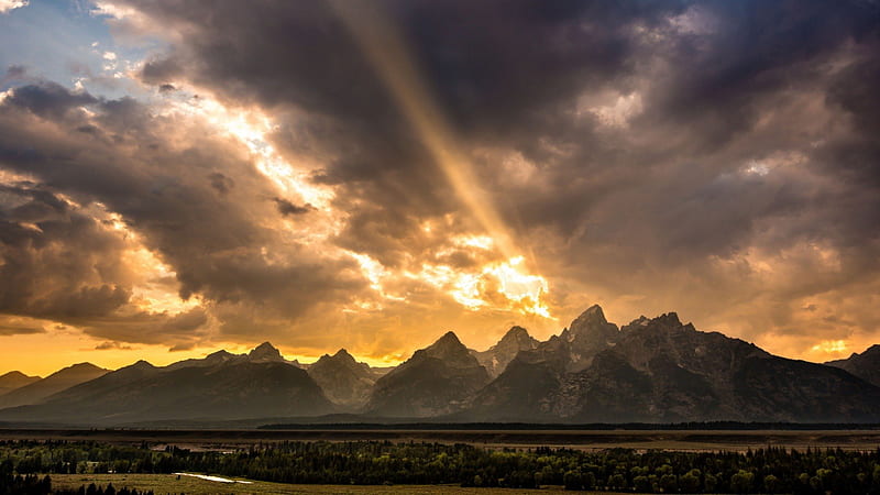 the great grand tetons in wyoming, forest, sun raus, vallet, mountains, clouds, HD wallpaper