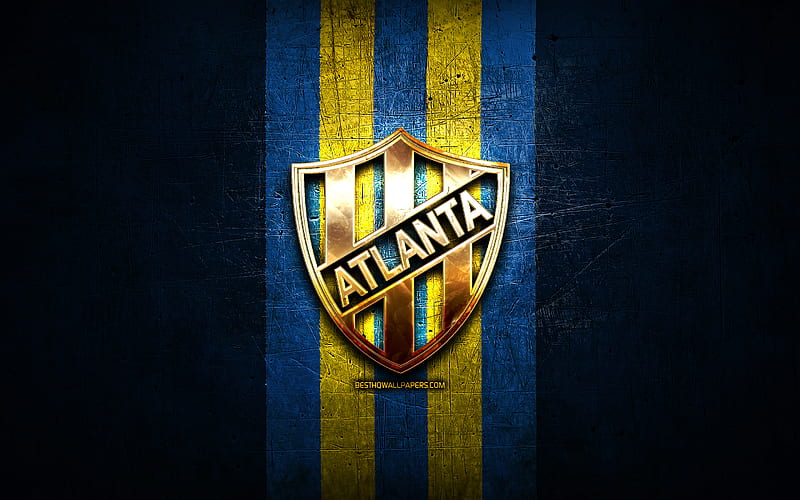 Atlanta FC, golden logo, Primera Nacional, blue metal background, football, argentinian football club, CA Atlanta logo, soccer, CA Atlanta, Argentina, Club Atletico Atlanta, HD wallpaper